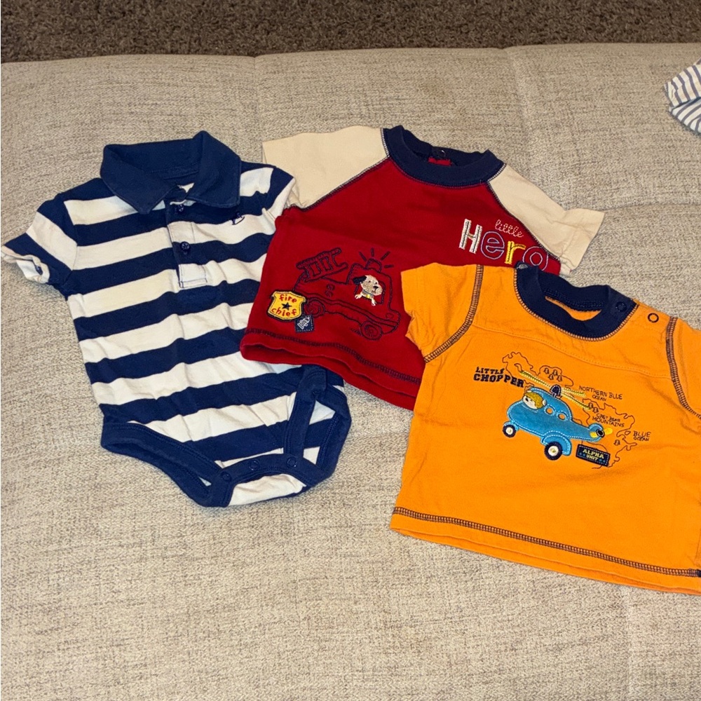 Child of Mine Striped Navy, Red Hero, and Orange Chopper Tees